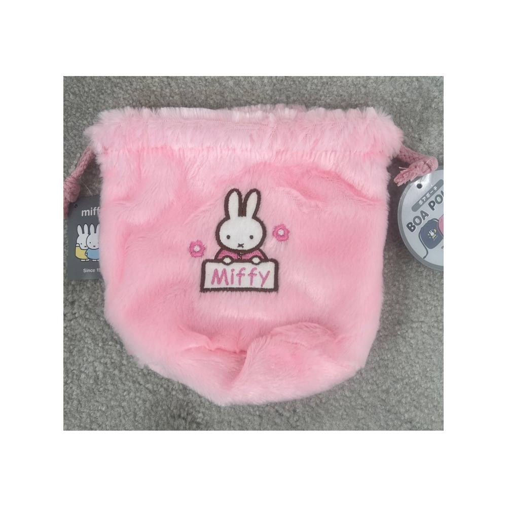 Miffy Boa Pouch Pink Faux Fur Plush Drawstring Bag Embroidered Inner Pockets NWT - Picture 3 of 11